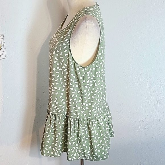 Staccato Sleeveless Green & White Speckled Mini-Dress w/Ruffled Hem, Size Large - Picture 4 of 9